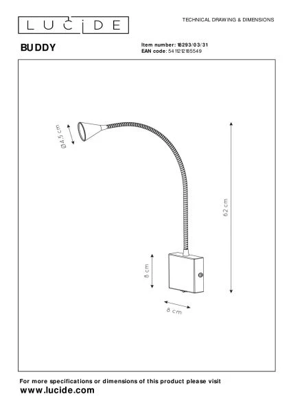 Lucide BUDDY - Bedlamp / Wandlamp - LED - 1x4W 4000K - Wit - technisch